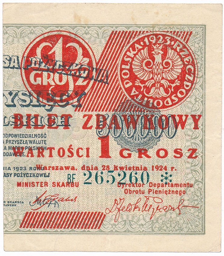 Banknot. Bilet zdawkowy 1 grosz 1924 PRAWY seria BF